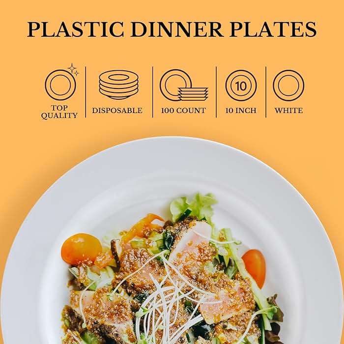 FOCUSLINE 100 Count White Plastic Plates 10 Inch, Disposable Heavy Duty Dinner Plates- Premium Hard Plastic Plates Fancy Disposable White Plates for Weddings, Parties and Events - Image 5