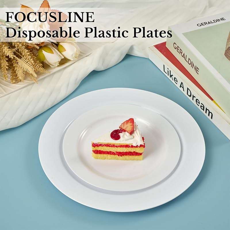 FOCUSLINE 100 Count White Plastic Plates 10 Inch, Disposable Heavy Duty Dinner Plates- Premium Hard Plastic Plates Fancy Disposable White Plates for Weddings, Parties and Events - Image 6
