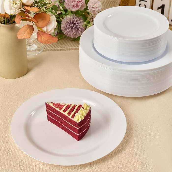 FOCUSLINE 100 Count White Plastic Plates 10 Inch, Disposable Heavy Duty Dinner Plates- Premium Hard Plastic Plates Fancy Disposable White Plates for Weddings, Parties and Events - Image 7