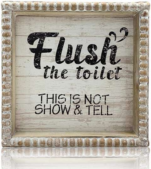 Boho Farmhouse Wooden Framed Bathroom Decor Signs, Funny Restroom Decorative Plaque Small Cute, Toilet Rules Shelf Decoration (Flush The Toilet Sign) - Image 1