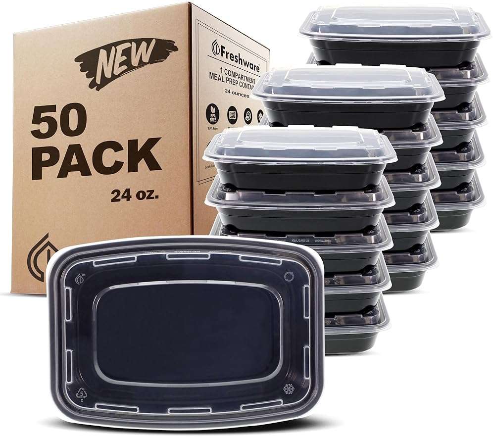 Freshware Meal Prep Containers [50 Pack] 1 Compartment with Lids, Food Storage Containers, Bento Box, BPA Free, Stackable, Microwave/Dishwasher/Freezer Safe (24 oz) - Image 1
