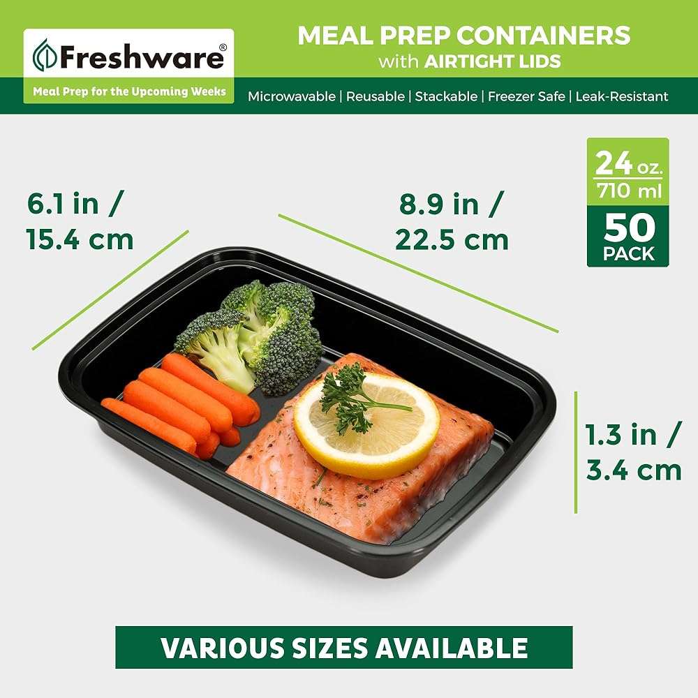 Freshware Meal Prep Containers [50 Pack] 1 Compartment with Lids, Food Storage Containers, Bento Box, BPA Free, Stackable, Microwave/Dishwasher/Freezer Safe (24 oz) - Image 2