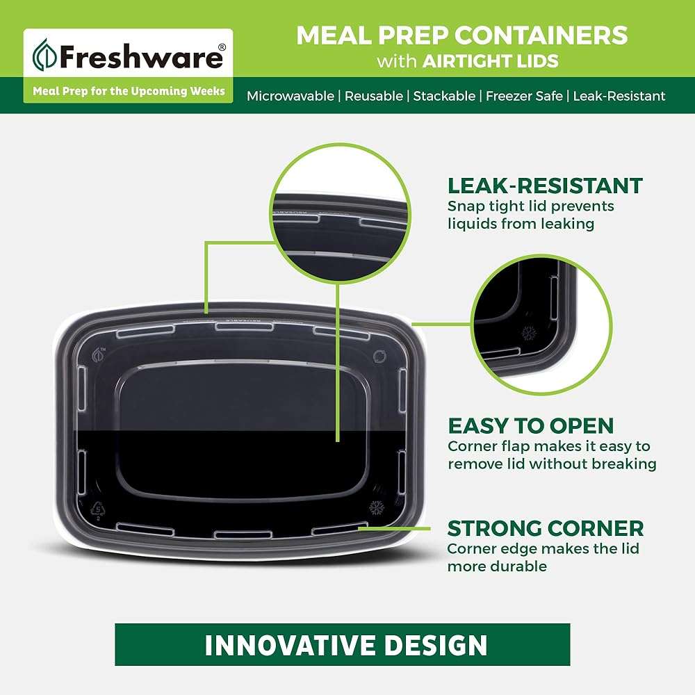 Freshware Meal Prep Containers [50 Pack] 1 Compartment with Lids, Food Storage Containers, Bento Box, BPA Free, Stackable, Microwave/Dishwasher/Freezer Safe (24 oz) - Image 5