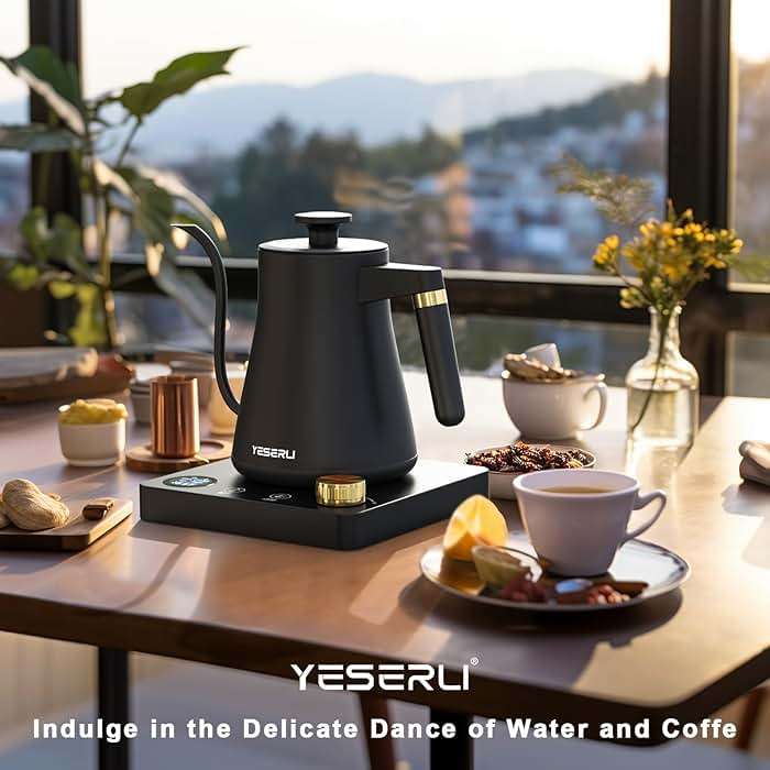 YESERLI 1200W Gooseneck Kettle with ±1℉ Temperature Control,Pour Over Electric Kettle for Coffee & Tea,Digital Display,4 Temp Preset,12H Keep Warm,100% Stainless Steel,Rapid Heating,1L,Matte Black - Image 2