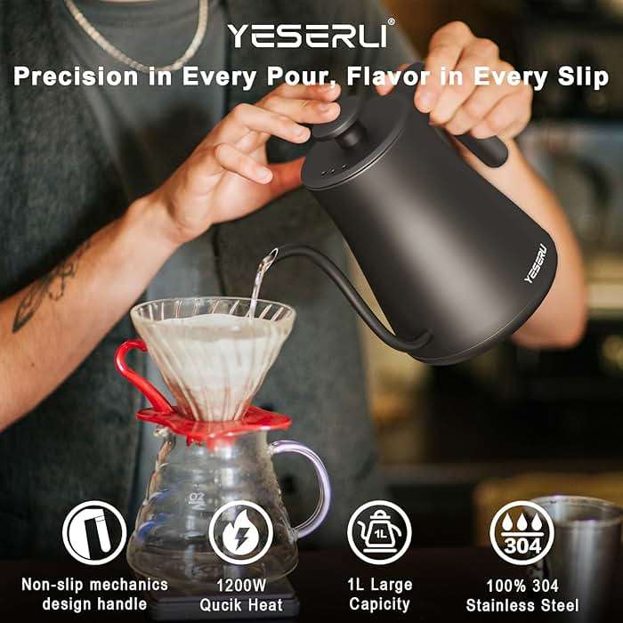 YESERLI 1200W Gooseneck Kettle with ±1℉ Temperature Control,Pour Over Electric Kettle for Coffee & Tea,Digital Display,4 Temp Preset,12H Keep Warm,100% Stainless Steel,Rapid Heating,1L,Matte Black - Image 4