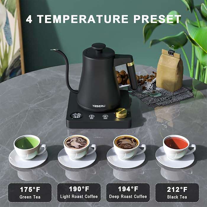 YESERLI 1200W Gooseneck Kettle with ±1℉ Temperature Control,Pour Over Electric Kettle for Coffee & Tea,Digital Display,4 Temp Preset,12H Keep Warm,100% Stainless Steel,Rapid Heating,1L,Matte Black - Image 5