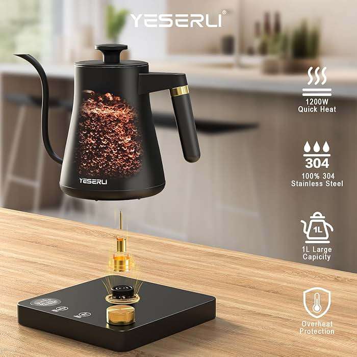 YESERLI 1200W Gooseneck Kettle with ±1℉ Temperature Control,Pour Over Electric Kettle for Coffee & Tea,Digital Display,4 Temp Preset,12H Keep Warm,100% Stainless Steel,Rapid Heating,1L,Matte Black - Image 6