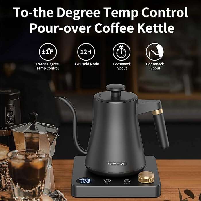 YESERLI 1200W Gooseneck Kettle with ±1℉ Temperature Control,Pour Over Electric Kettle for Coffee & Tea,Digital Display,4 Temp Preset,12H Keep Warm,100% Stainless Steel,Rapid Heating,1L,Matte Black - Image 7