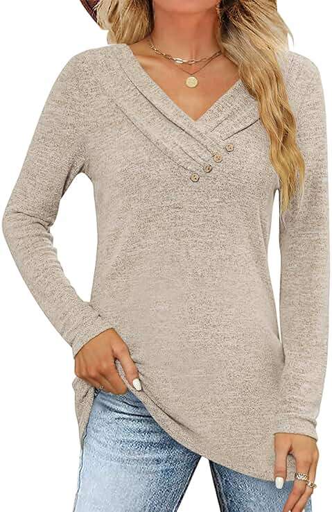 FMEYOA Women's Fall Long Sleeve Tunic Tops for Leggings V Neck Button Casual Blouse Sweatshirt - Image 1