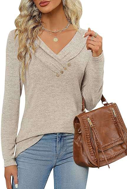FMEYOA Women's Fall Long Sleeve Tunic Tops for Leggings V Neck Button Casual Blouse Sweatshirt - Image 5