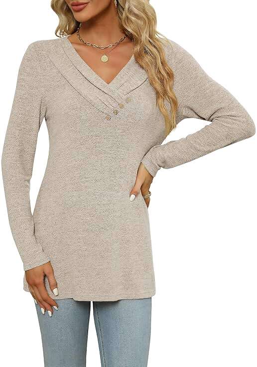 FMEYOA Women's Fall Long Sleeve Tunic Tops for Leggings V Neck Button Casual Blouse Sweatshirt - Image 6