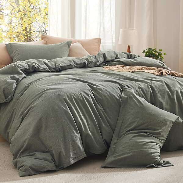 Bedsure Comforter Set Queen Size Grayish Olive Green - Cotton Fabric with Microfiber Inner Fill, PureWoven Comforter Set for All Seasons, 3 Pieces, 1 Comforter (90"x90") and 2 Pillow Cases (20"x26") - Image 1