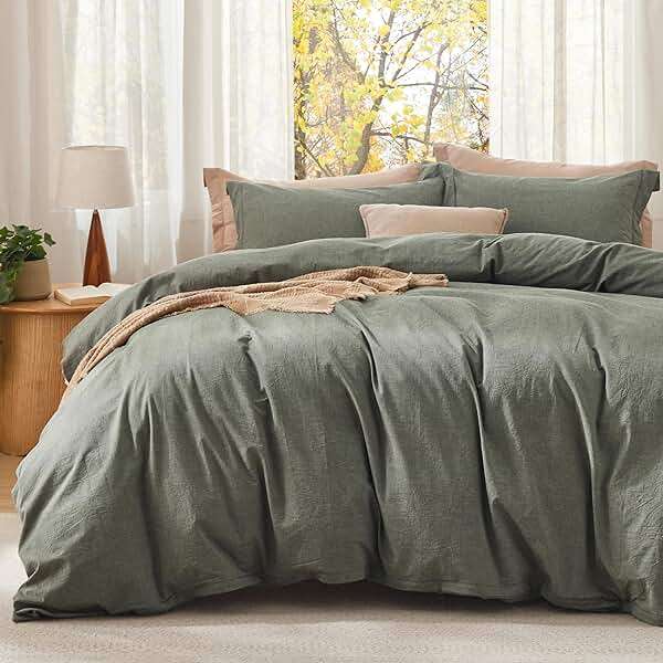 Bedsure Comforter Set Queen Size Grayish Olive Green - Cotton Fabric with Microfiber Inner Fill, PureWoven Comforter Set for All Seasons, 3 Pieces, 1 Comforter (90"x90") and 2 Pillow Cases (20"x26") - Image 2