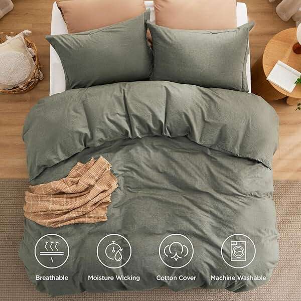 Bedsure Comforter Set Queen Size Grayish Olive Green - Cotton Fabric with Microfiber Inner Fill, PureWoven Comforter Set for All Seasons, 3 Pieces, 1 Comforter (90"x90") and 2 Pillow Cases (20"x26") - Image 4