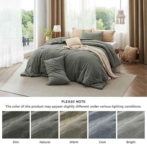 Bedsure Comforter Set Queen Size Grayish Olive Green - Cotton Fabric with Microfiber Inner Fill, PureWoven Comforter Set for All Seasons, 3 Pieces, 1 Comforter (90"x90") and 2 Pillow Cases (20"x26") - Image 5