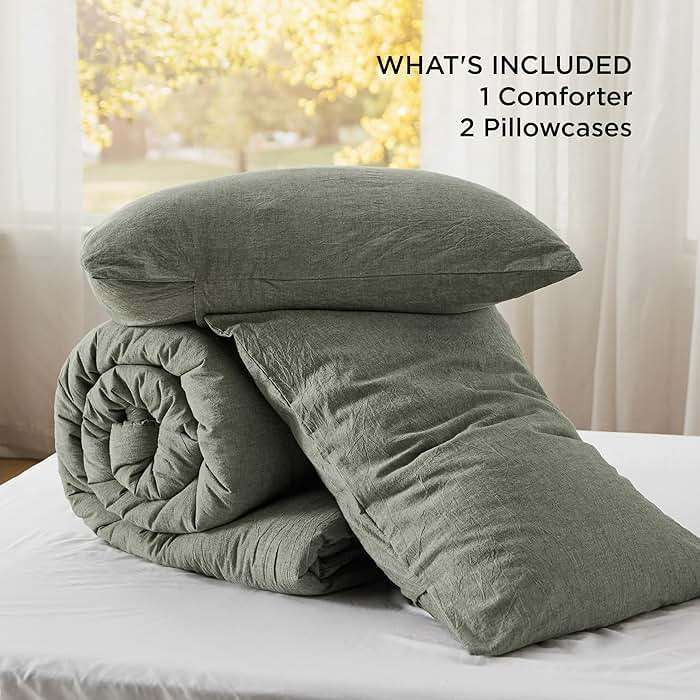 Bedsure Comforter Set Queen Size Grayish Olive Green - Cotton Fabric with Microfiber Inner Fill, PureWoven Comforter Set for All Seasons, 3 Pieces, 1 Comforter (90"x90") and 2 Pillow Cases (20"x26") - Image 6