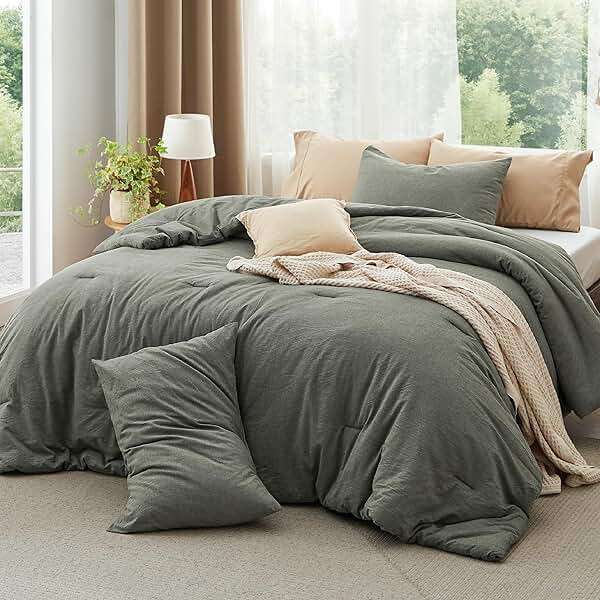 Bedsure Comforter Set Queen Size Grayish Olive Green - Cotton Fabric with Microfiber Inner Fill, PureWoven Comforter Set for All Seasons, 3 Pieces, 1 Comforter (90"x90") and 2 Pillow Cases (20"x26") - Image 8