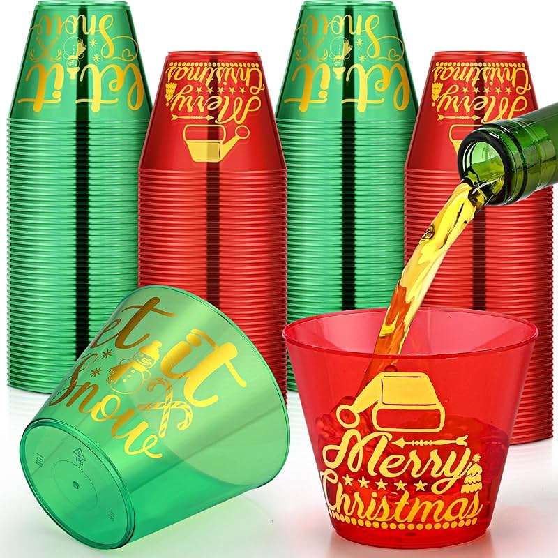 Bokon 120 Pcs 9 oz Christmas Clear Plastic Cups Dark Green and Red Christmas Disposable Wine Cups Disposable Cocktail Clear Plastic Tumblers for Xmas Parties Holiday Drinking - Image 1