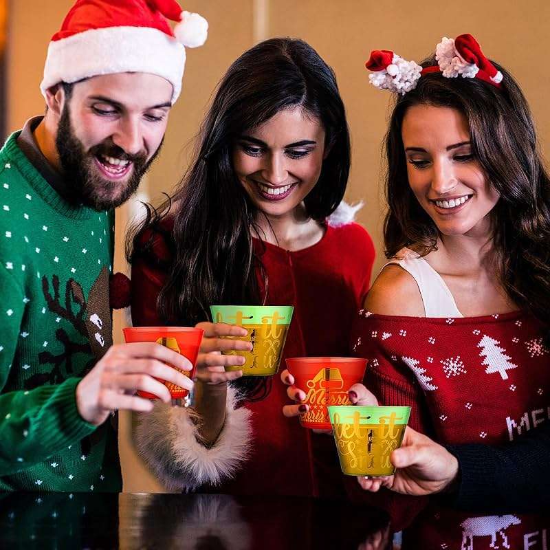 Bokon 120 Pcs 9 oz Christmas Clear Plastic Cups Dark Green and Red Christmas Disposable Wine Cups Disposable Cocktail Clear Plastic Tumblers for Xmas Parties Holiday Drinking - Image 2