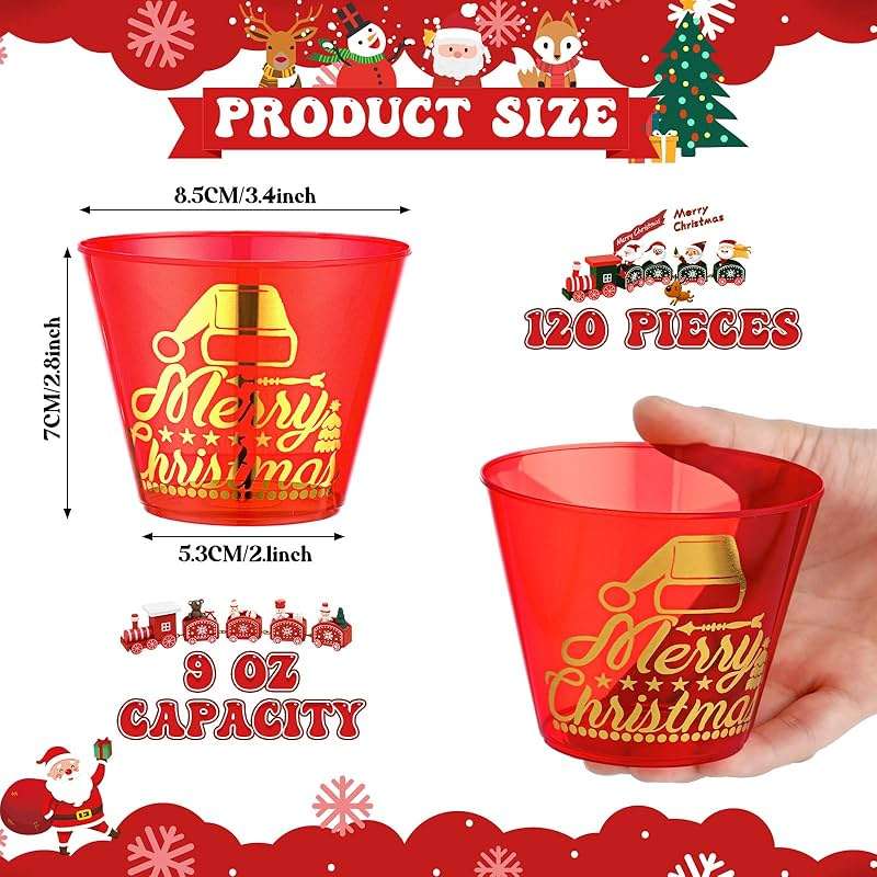 Bokon 120 Pcs 9 oz Christmas Clear Plastic Cups Dark Green and Red Christmas Disposable Wine Cups Disposable Cocktail Clear Plastic Tumblers for Xmas Parties Holiday Drinking - Image 3