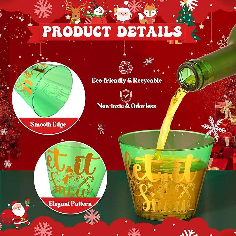 Bokon 120 Pcs 9 oz Christmas Clear Plastic Cups Dark Green and Red Christmas Disposable Wine Cups Disposable Cocktail Clear Plastic Tumblers for Xmas Parties Holiday Drinking - Image 4