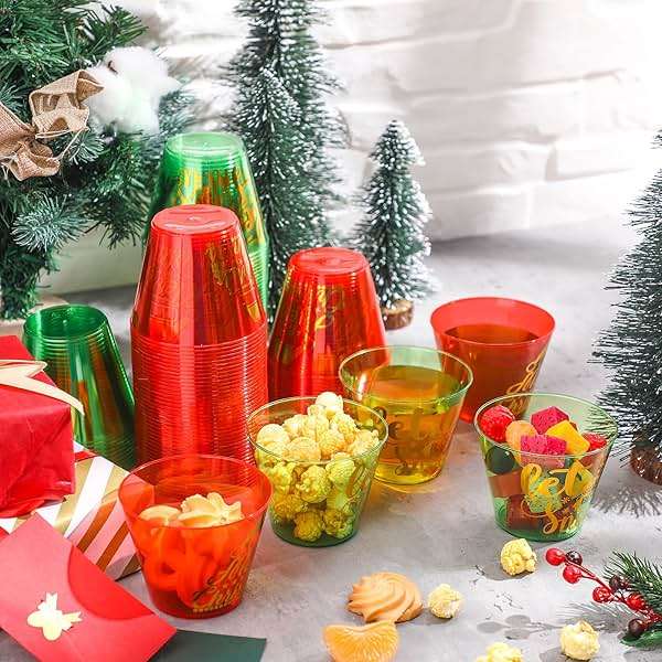 Bokon 120 Pcs 9 oz Christmas Clear Plastic Cups Dark Green and Red Christmas Disposable Wine Cups Disposable Cocktail Clear Plastic Tumblers for Xmas Parties Holiday Drinking - Image 5