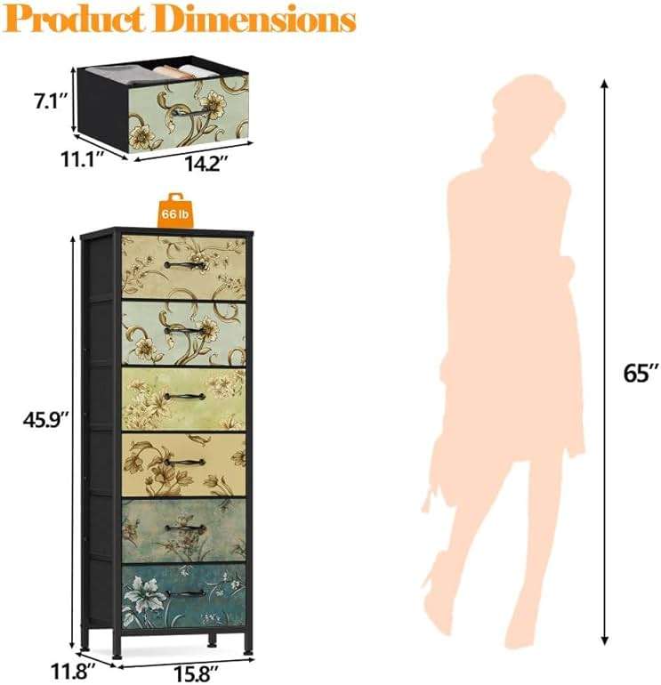 Furnulem Tall 6 Drawers Dresser, Vintage Storage Organizer Unit with Fabric Bins for Bedroom, Living Room, Closet, Nusery, Dorm, Entryway, Bedside Furniture, Sturdy Metal Frame, Wood Top - Image 3