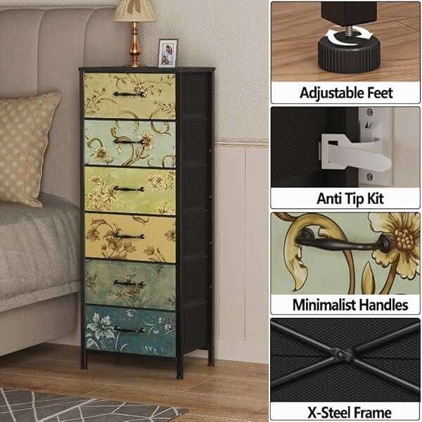 Furnulem Tall 6 Drawers Dresser, Vintage Storage Organizer Unit with Fabric Bins for Bedroom, Living Room, Closet, Nusery, Dorm, Entryway, Bedside Furniture, Sturdy Metal Frame, Wood Top - Image 8