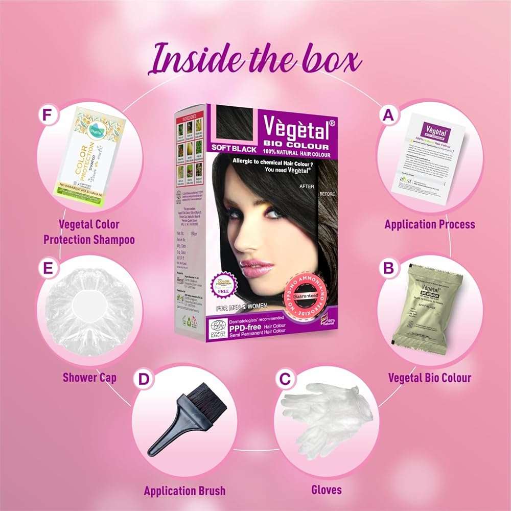 Vegetal Bio Colour - Soft Black 150g | 100% Herbal and Organic Hair Color | Ammonia-Free, PPD-Free | Semi-Permanent Dye for Men and Women | Protects UV and Maintains Luster | Complete Kit Included - Image 3
