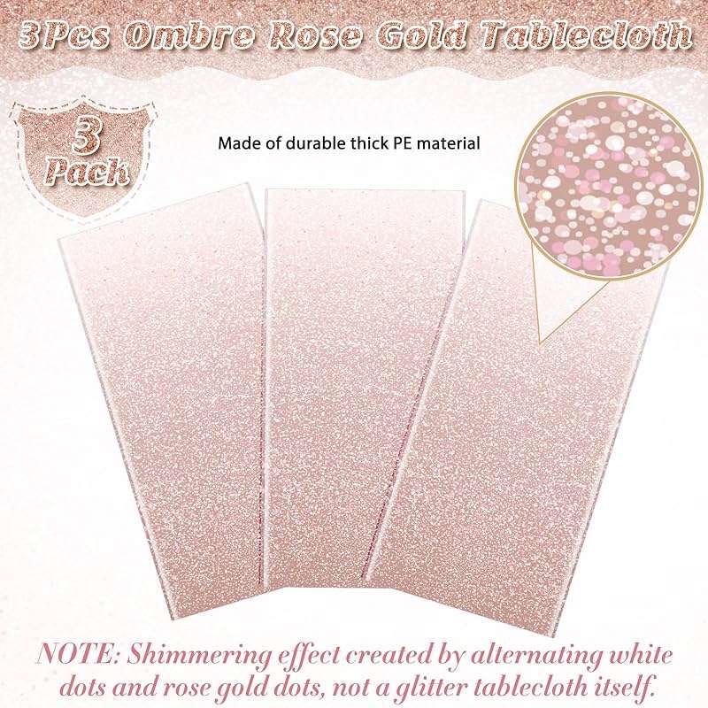 3 Pack Ombre Rose Gold Plastic Tablecloth for Parties, Gradient Pastel Rose Gold Disposable Tablecloths for Rectangle Tables, Light Pink Sprinkle Table Cover for Wedding Birthday Party, 54 x 108 Inch - Image 5