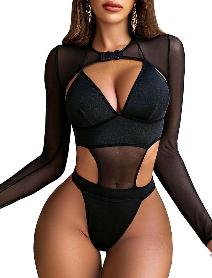 Avidlove Rave Outfits for Women Festival Sexy Lingerie Bodysuit Buckle Shrug Crop Top Set - Image 1