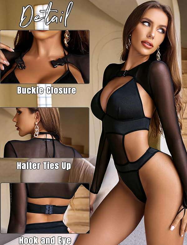 Avidlove Rave Outfits for Women Festival Sexy Lingerie Bodysuit Buckle Shrug Crop Top Set - Image 3