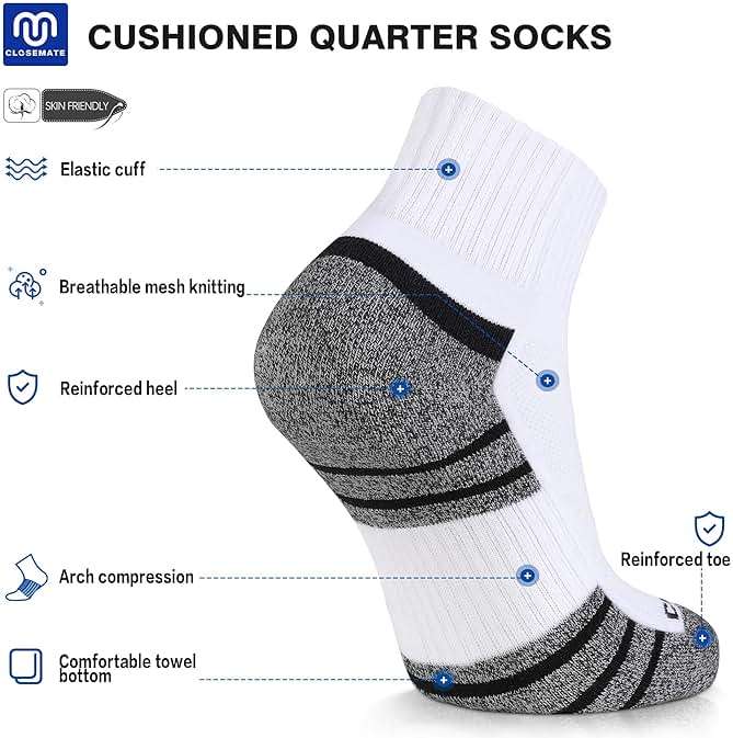 CLOSEMATE 6 Pack Mens Ankle Athletic Socks Cushioned Running Sports Cotton Quarter Socks - Image 2