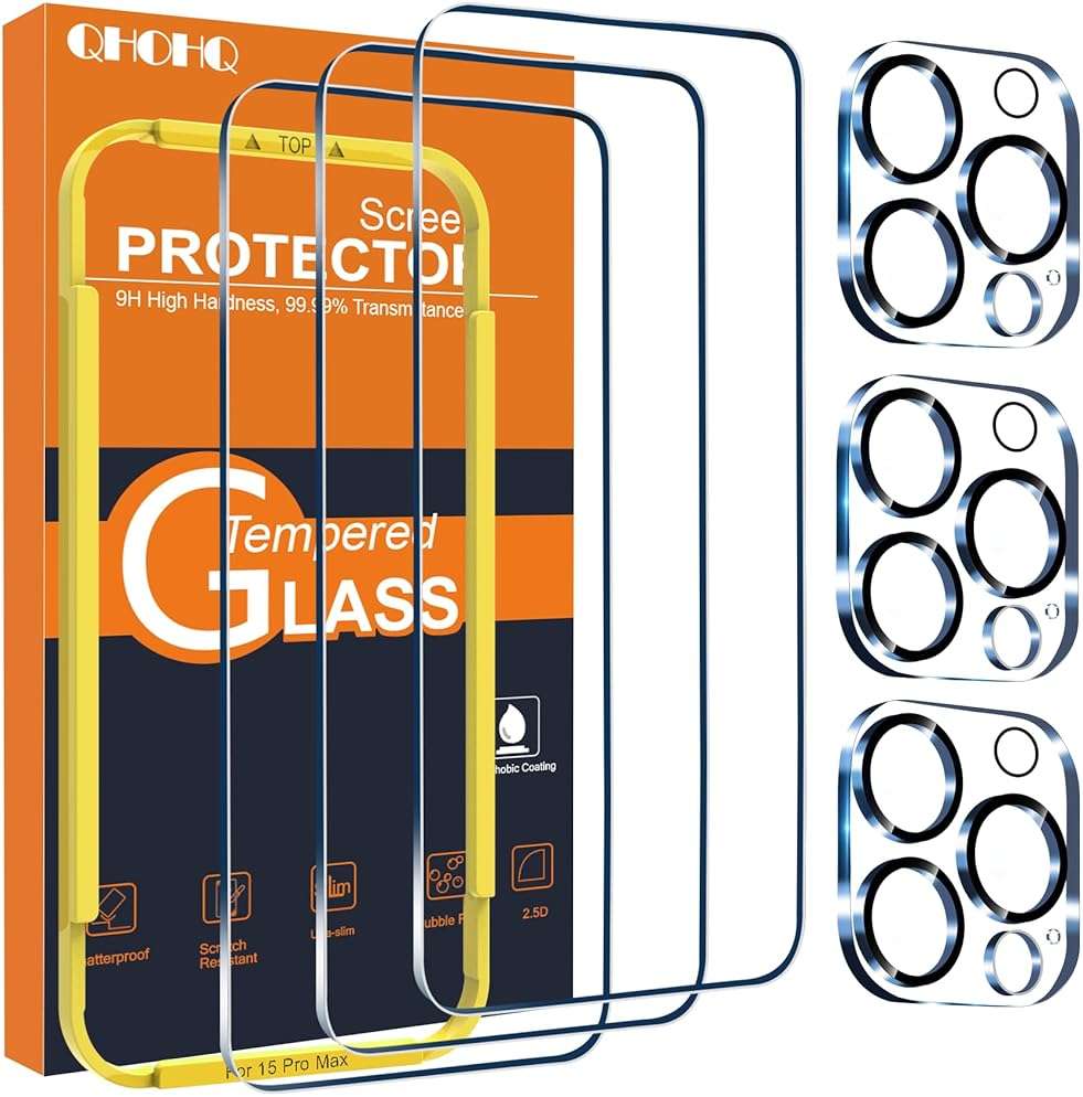 QHOHQ 3 Pack Screen Protector for iPhone 15 Pro Max [6.7 Inch] with 3 Pack Camera Lens Protector, Tempered Glass Film, HD Clear, 9H Hardness, No Bubbles, Case Friendly - Image 1