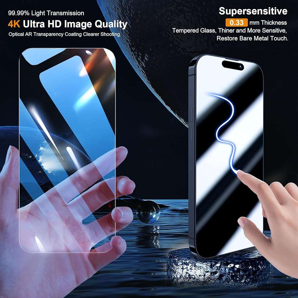 QHOHQ 3 Pack Screen Protector for iPhone 15 Pro Max [6.7 Inch] with 3 Pack Camera Lens Protector, Tempered Glass Film, HD Clear, 9H Hardness, No Bubbles, Case Friendly - Image 2