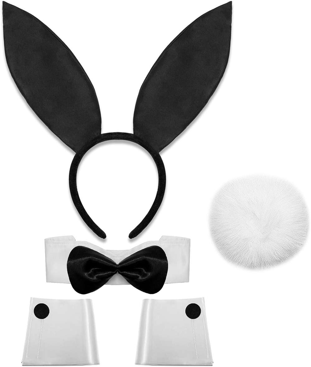 U-Goforst Women Bunny Costume Accessories Set, White and Black Bunny Ears Headband Collar Bow Tie Costume Cuffs Rabbit Tail for Adult Halloween Party - Image 1