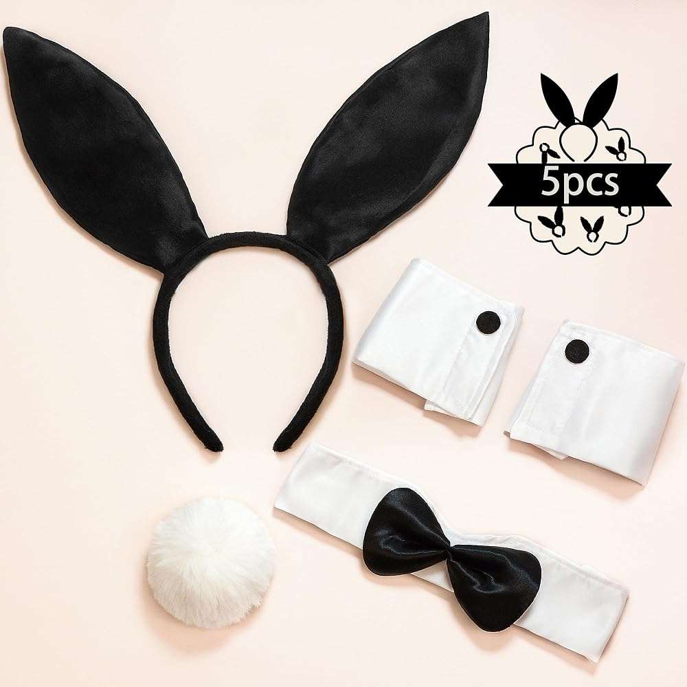 U-Goforst Women Bunny Costume Accessories Set, White and Black Bunny Ears Headband Collar Bow Tie Costume Cuffs Rabbit Tail for Adult Halloween Party - Image 2