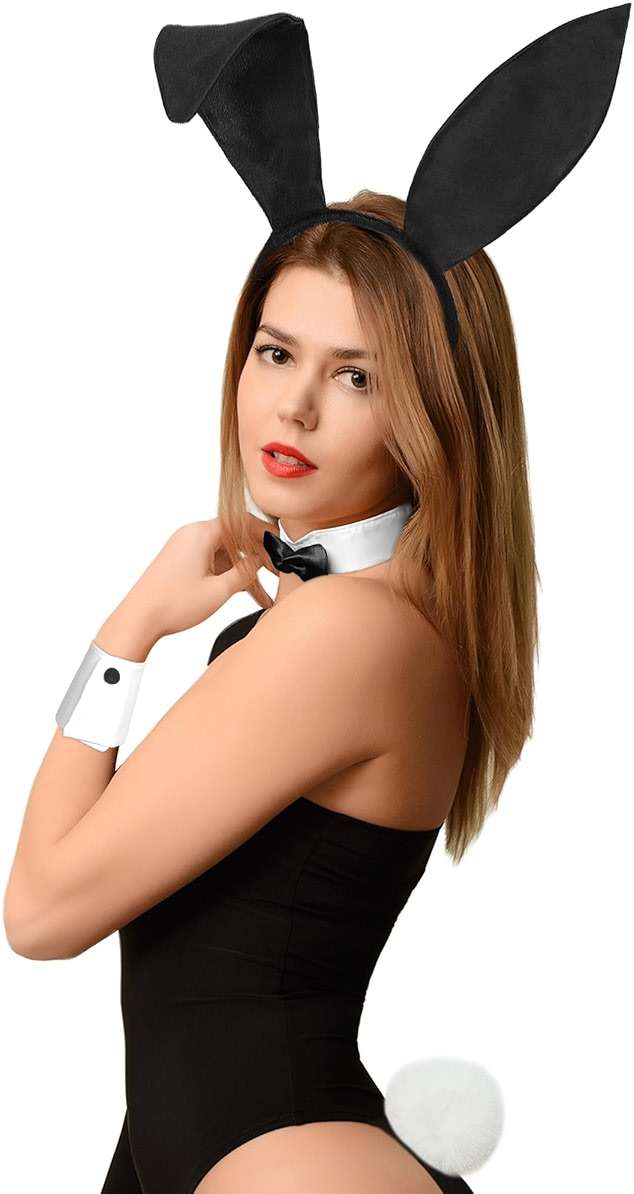 U-Goforst Women Bunny Costume Accessories Set, White and Black Bunny Ears Headband Collar Bow Tie Costume Cuffs Rabbit Tail for Adult Halloween Party - Image 3