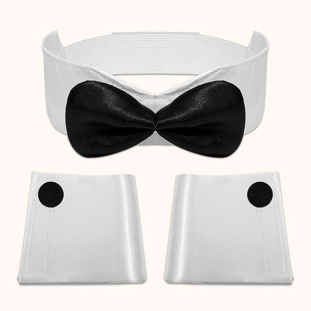 U-Goforst Women Bunny Costume Accessories Set, White and Black Bunny Ears Headband Collar Bow Tie Costume Cuffs Rabbit Tail for Adult Halloween Party - Image 5