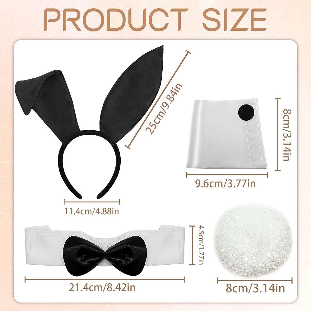 U-Goforst Women Bunny Costume Accessories Set, White and Black Bunny Ears Headband Collar Bow Tie Costume Cuffs Rabbit Tail for Adult Halloween Party - Image 6