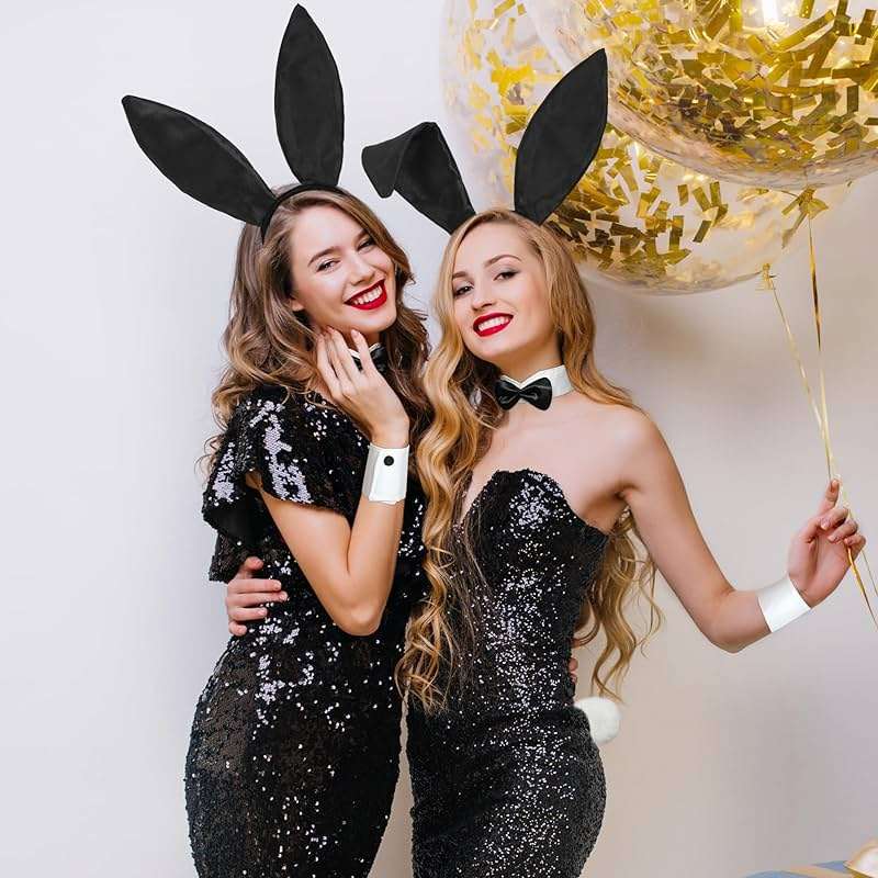 U-Goforst Women Bunny Costume Accessories Set, White and Black Bunny Ears Headband Collar Bow Tie Costume Cuffs Rabbit Tail for Adult Halloween Party - Image 7