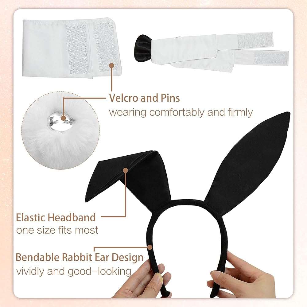 U-Goforst Women Bunny Costume Accessories Set, White and Black Bunny Ears Headband Collar Bow Tie Costume Cuffs Rabbit Tail for Adult Halloween Party - Image 8