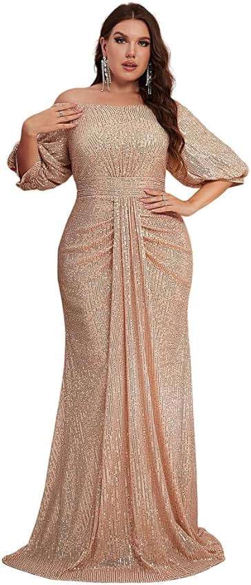 Women's Plus Size Off Shoulder Puff Sleeve Sequin Formal Maxi Dress Evening Party Gowns - Image 1
