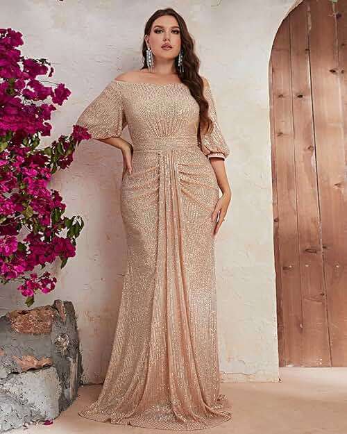 Women's Plus Size Off Shoulder Puff Sleeve Sequin Formal Maxi Dress Evening Party Gowns - Image 2