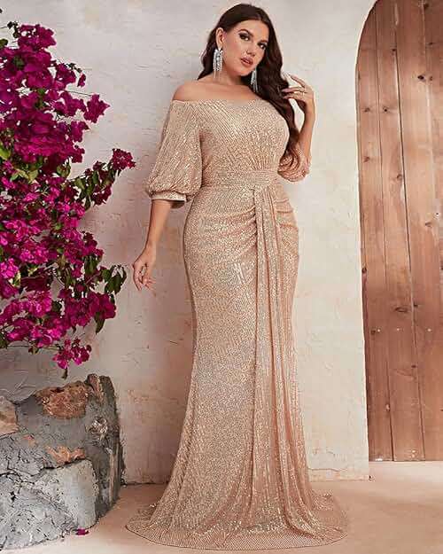 Women's Plus Size Off Shoulder Puff Sleeve Sequin Formal Maxi Dress Evening Party Gowns - Image 4