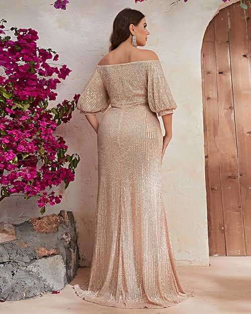 Women's Plus Size Off Shoulder Puff Sleeve Sequin Formal Maxi Dress Evening Party Gowns - Image 5