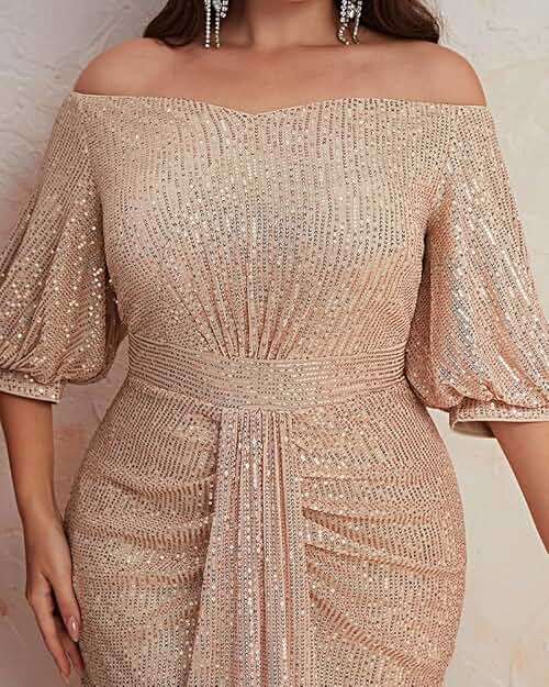 Women's Plus Size Off Shoulder Puff Sleeve Sequin Formal Maxi Dress Evening Party Gowns - Image 6