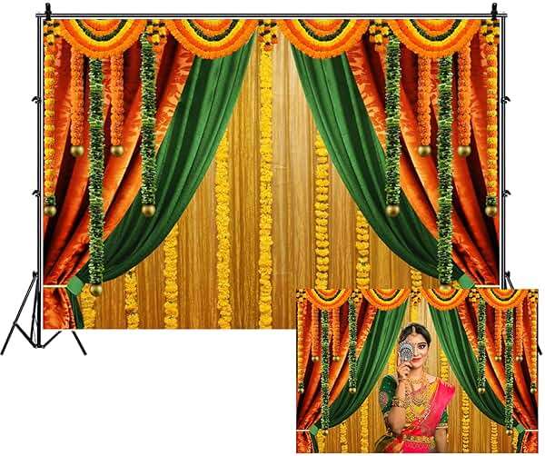 Renaiss 10x8ft Indian Traditional Backdrop Indian Curtain Marriage Macrame Wedding Marigold Garlands Festival Photography Background Anniversary Bridal Baby Shower Party Decor Photo Props - Image 1