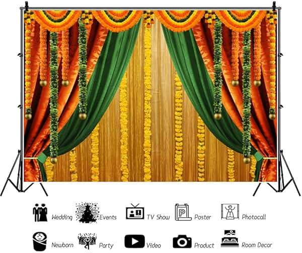 Renaiss 10x8ft Indian Traditional Backdrop Indian Curtain Marriage Macrame Wedding Marigold Garlands Festival Photography Background Anniversary Bridal Baby Shower Party Decor Photo Props - Image 2