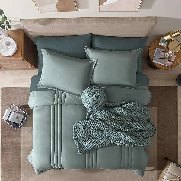 Monbix Queen Comforter Set - 7 Pieces Sage Green Bed in a Bag Queen Bedding Sets with Comforters, All Seasons Comforter Bed Set with Sheets,Pillowcases & Shams - Image 2